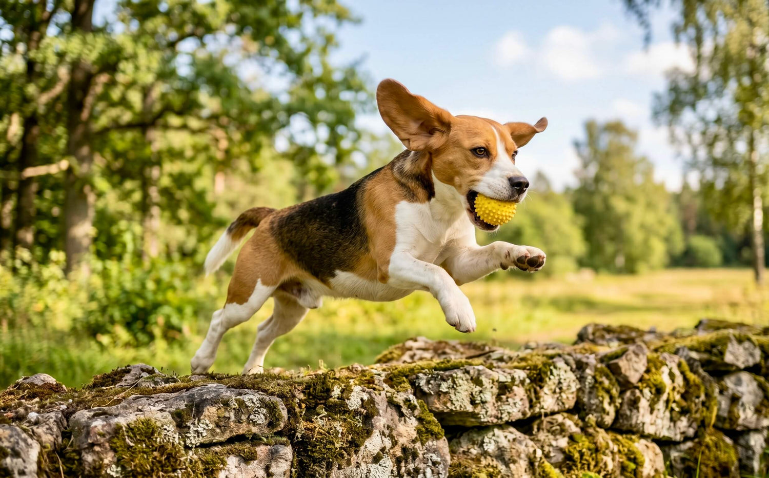 Ein agiler Beagle springt mit einem gelben Ball im Maul voller Energie über eine moosbewachsene Steinmauer im Freien. Das Bild visualisiert die Bewegungsfreude und Vitalität von Hunden durch die Riddys Nahrungsergänzung.