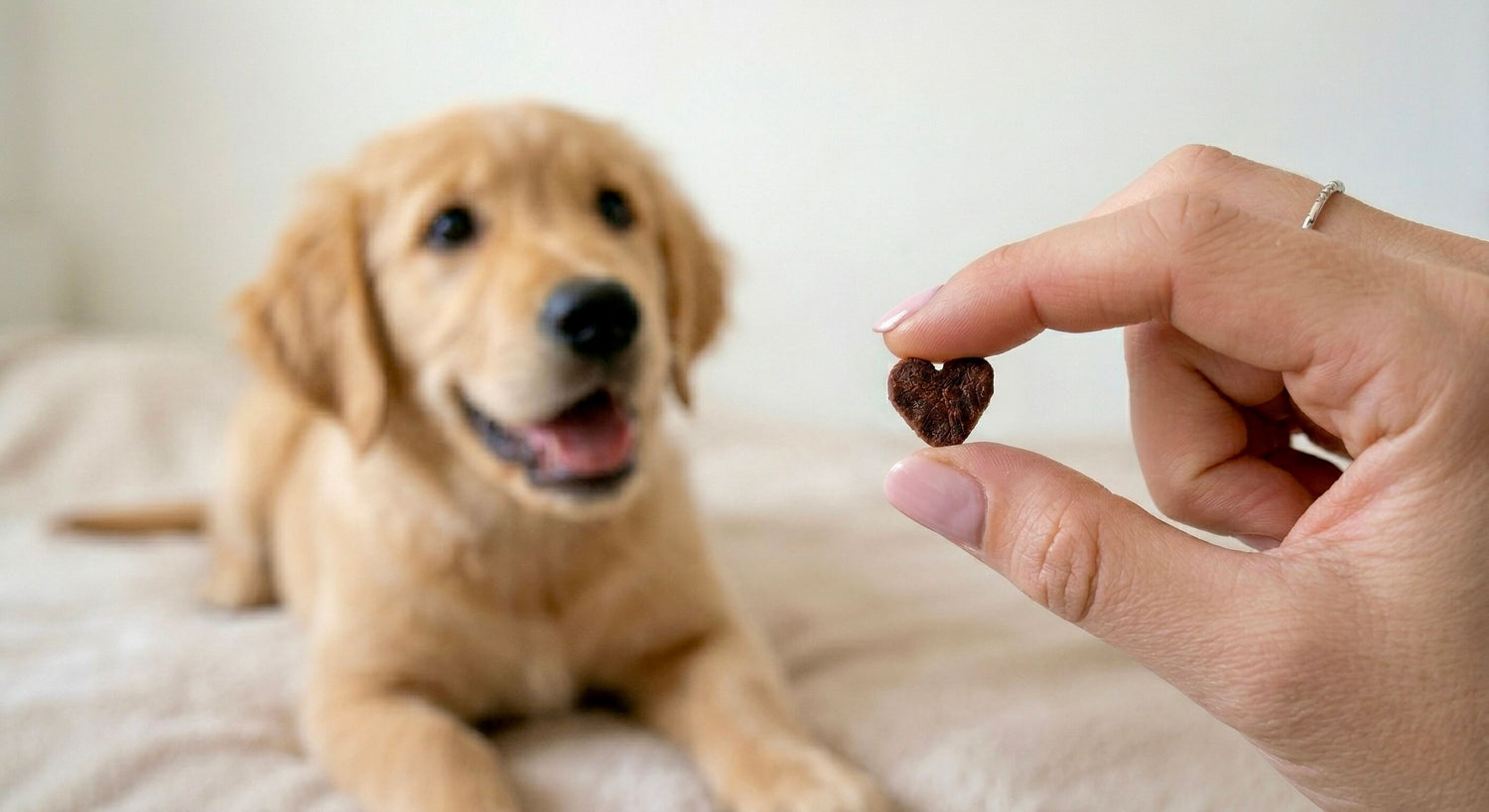 Eine Hand hält ein herzförmiges, dunkles Riddys Leckerli vor das Gesicht eines freudig blickenden Golden Retriever vor orangefarbenem Hintergrund. Das Bild symbolisiert die Belohnung und Gesundheit für den Hund.