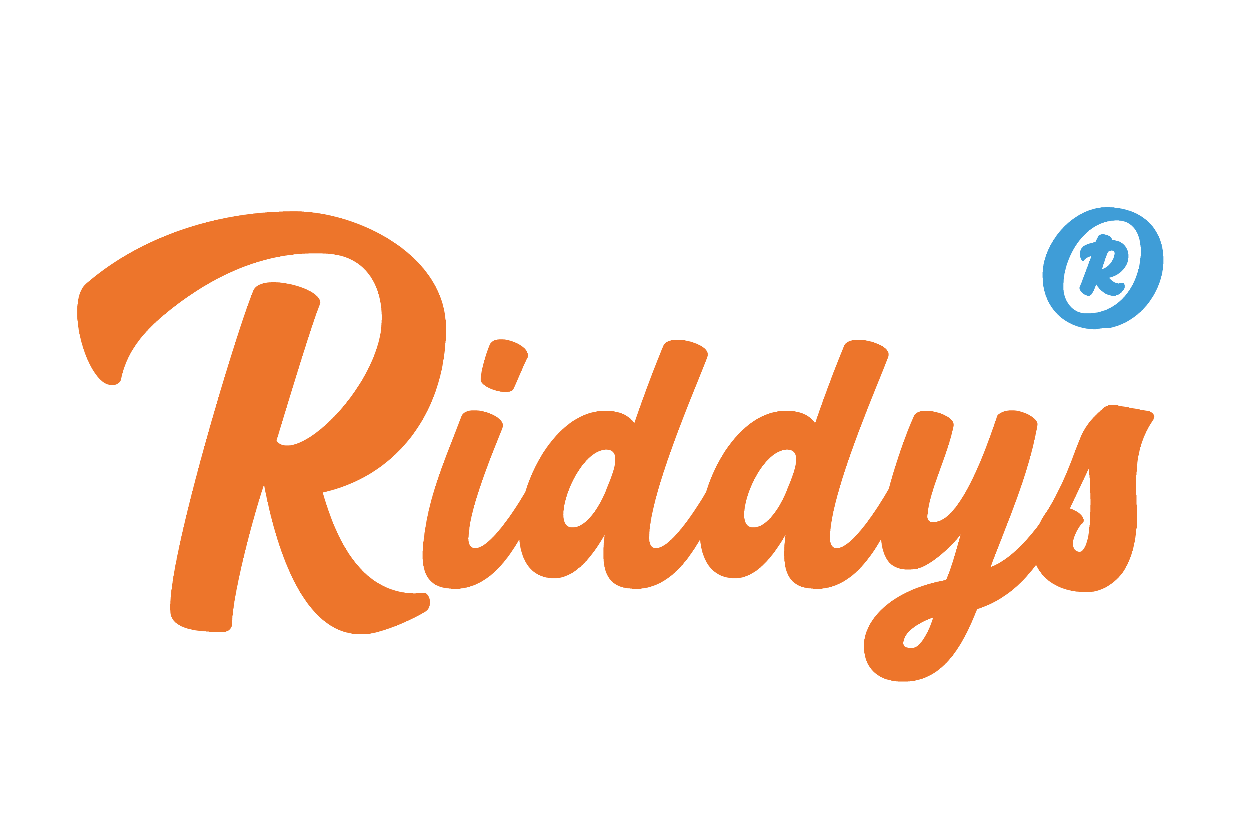 Der offizielle Riddys Marken-Schriftzug in einer kursiven, orangefarbenen Schrift mit weißer Kontur auf einem orangefarbenen Hintergrund. Das Logo repräsentiert die Marke für hochwertige Nahrungsergänzungsmittel für Hunde und Katzen.