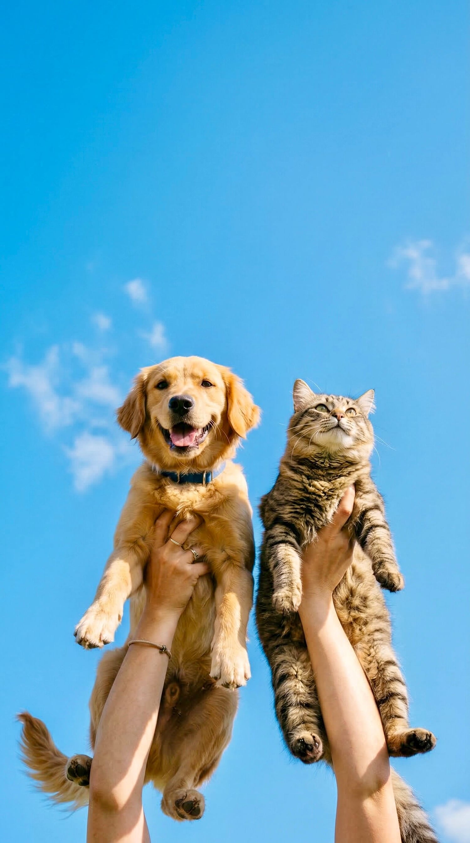 Zwei Hände halten einen Golden Retriever-Welpen und eine getigerte Katze hoch gegen einen klaren blauen Himmel für Riddys, die Premium Multivitamin-Nahrungsergänzung für Hund und Katze.