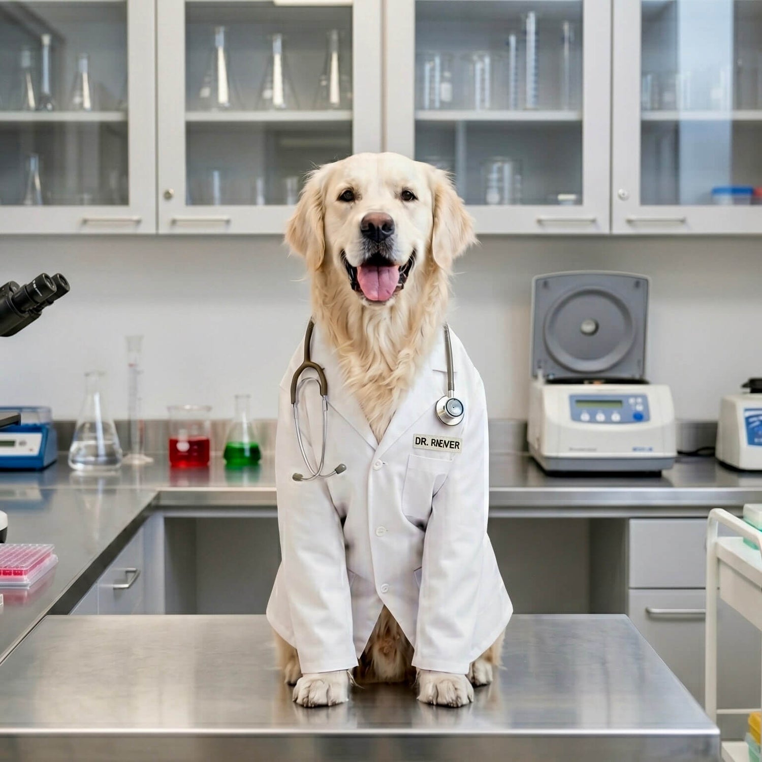 Ein freundlich hechelnder Golden Retriever im weißen Laborkittel und mit einem Stethoskop um den Hals sitzt auf einem Labortisch. Links daneben steht der Text 'Gesundheit ist eine Wissenschaft.' und ein Button 'Jetzt entdecken'. Das Bild unterstreicht den fachlich fundierten Ansatz der Riddys Hunde-Nahrungsergänzung.