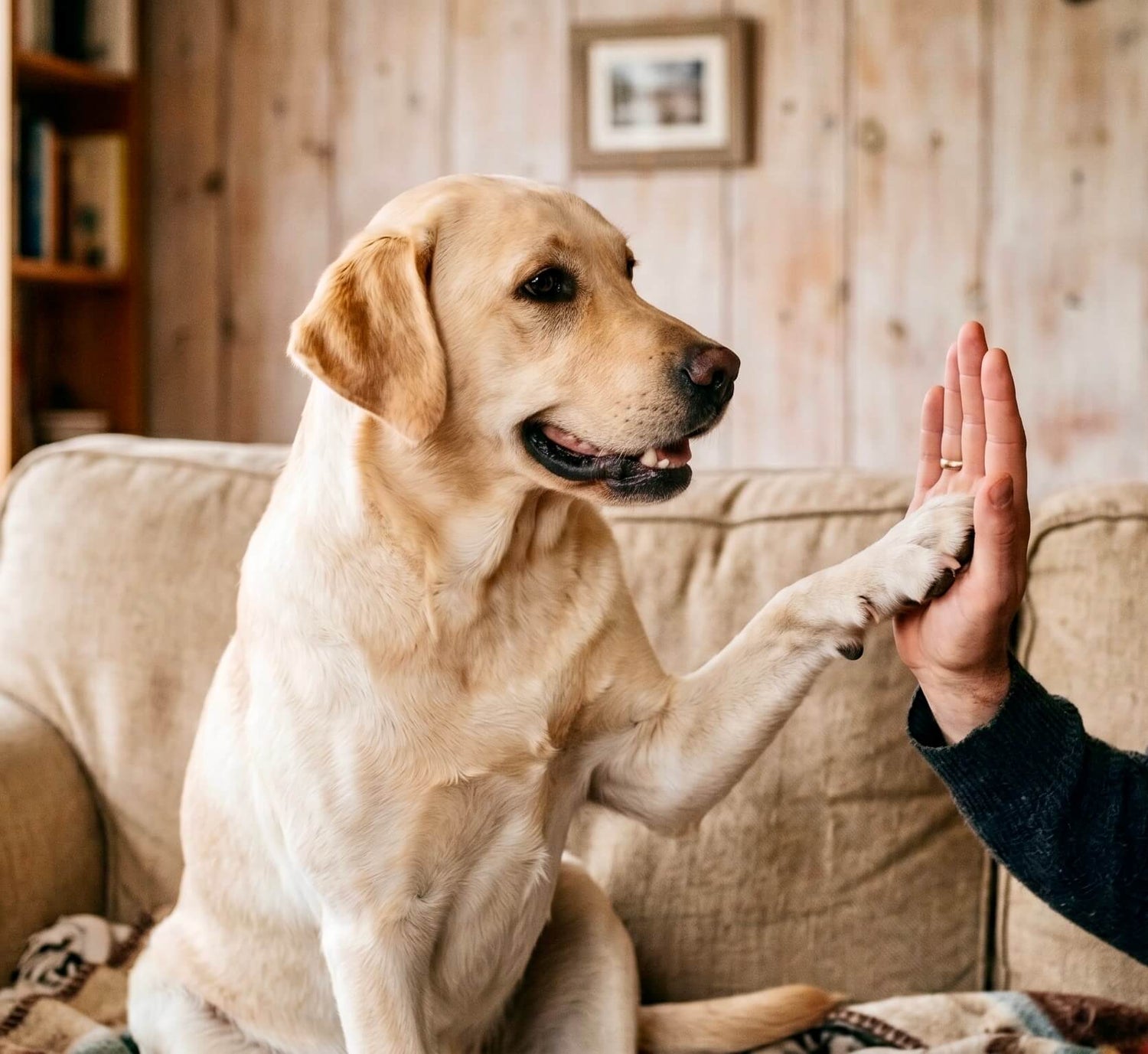 Ein sitzender, gelber Labrador Retriever gibt einer menschlichen Hand die Pfote. Das Bild visualisiert Training, Vertrauen und eine gesunde Bindung, wie sie durch die Nahrungsergänzung von Riddys gefördert wird.
