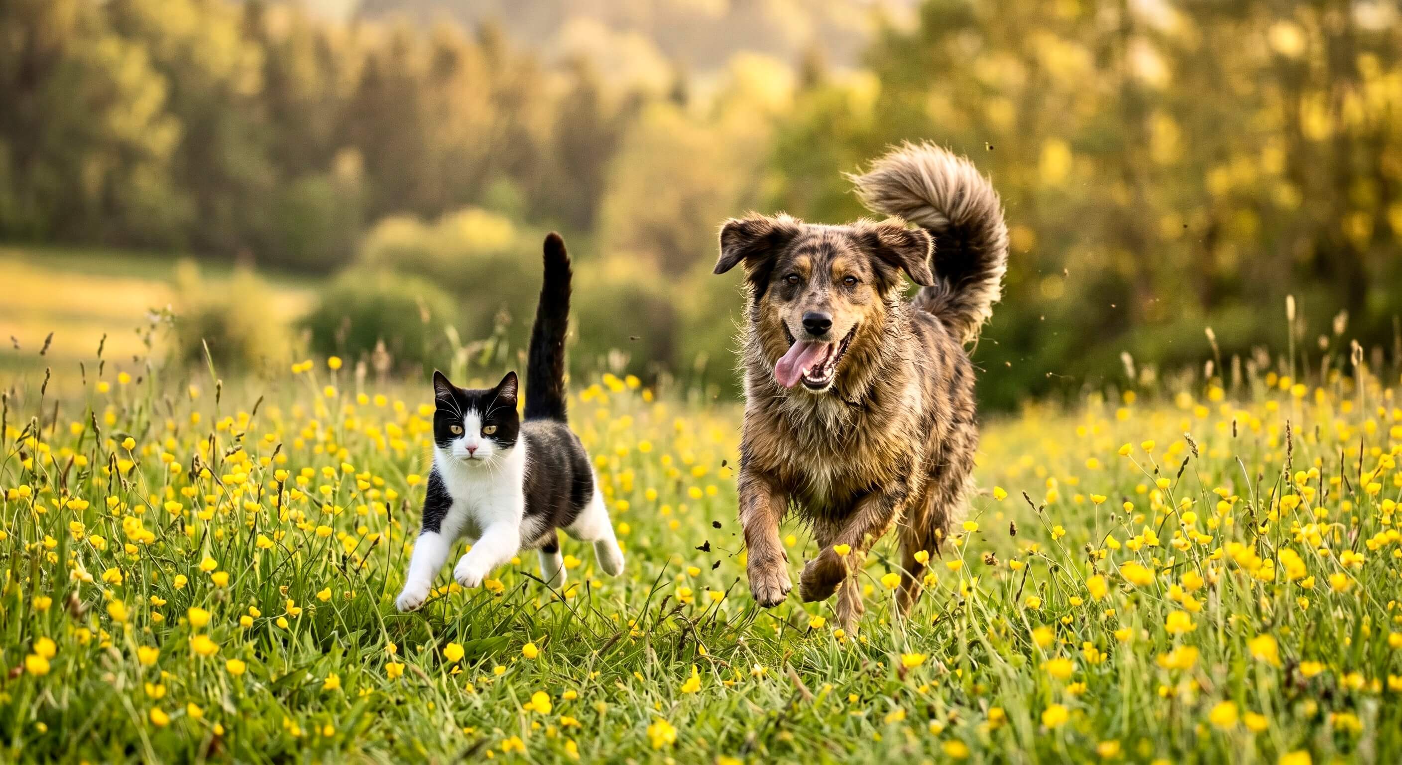 Ein flauschiger Hund und eine schwarz-weiße Katze rennen voller Energie und Lebensfreude nebeneinander durch eine sonnige Frühlingswiese mit gelben Blumen auf die Kamera zu. Das harmonische Bild symbolisiert die gemeinsame Vitalität, Bewegungsfreude und Gesundheit von Haustieren, die durch die Riddys Nahrungsergänzung unterstützt wird.