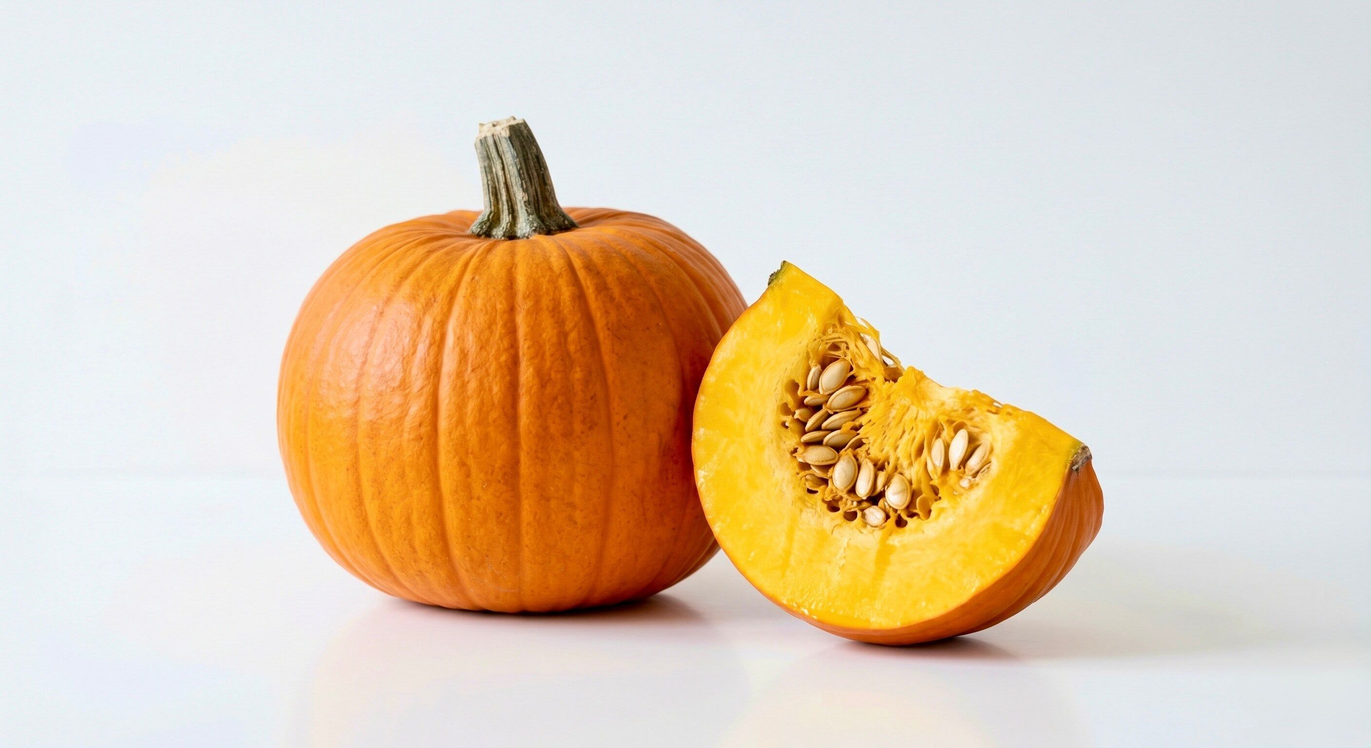 Nahaufnahme eines ganzen und eines aufgeschnittenen orangefarbenen Kürbises mit sichtbaren Kernen und dem eingeblendeten Text 'Beta-Carotin'. Das Bild visualisiert eine natürliche Quelle für diesen Inhaltsstoff der Riddys Premium-Nahrungsergänzung für Hund und Katze.