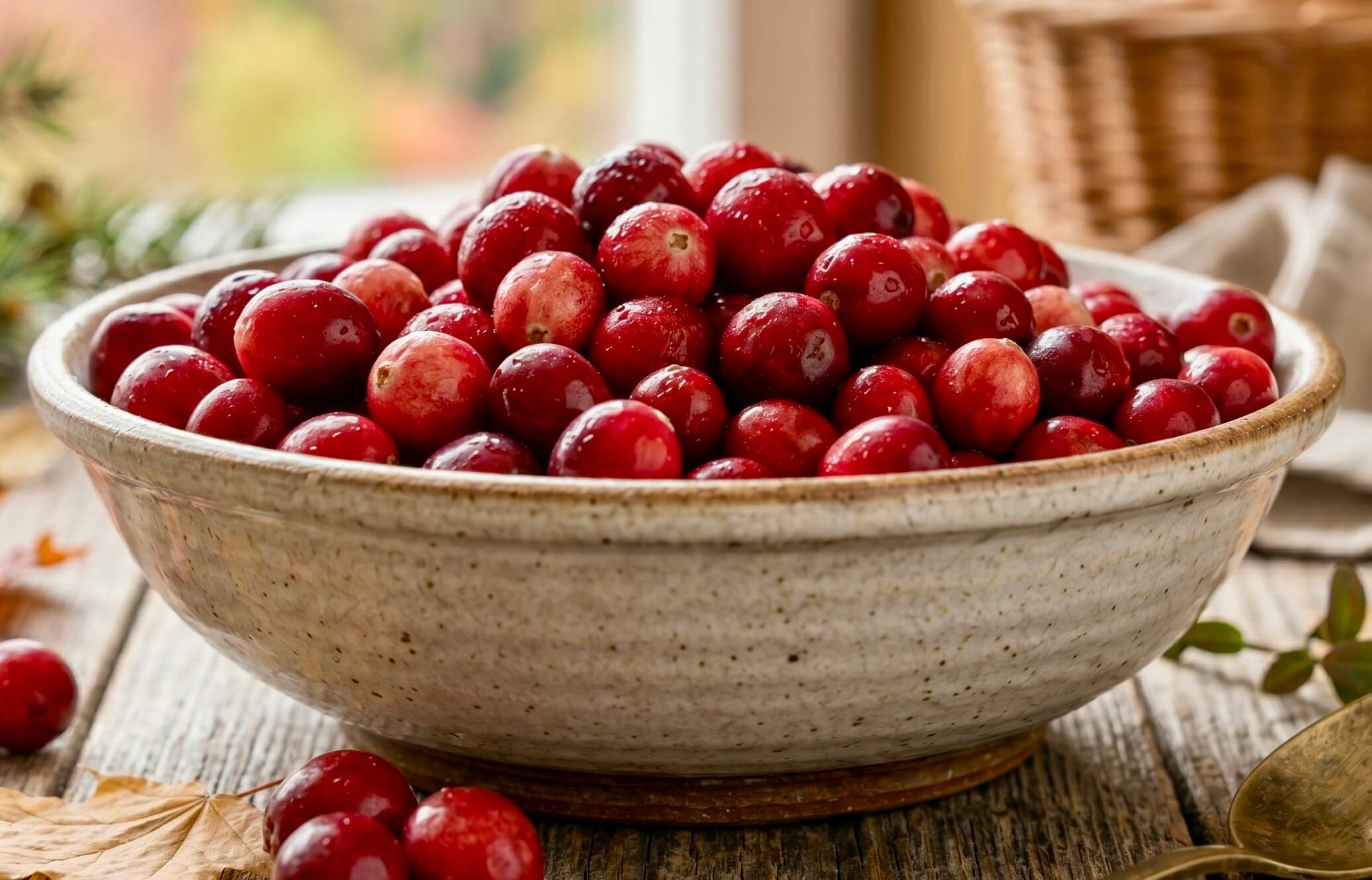 Nahaufnahme einer rustikalen, gesprenkelten Keramikschale, die randvoll mit frischen, roten Cranberries gefüllt ist, mit dem eingeblendeten Text 'Cranberry'. Das Bild visualisiert diesen natürlichen Inhaltsstoff der Riddys Premium-Nahrungsergänzung für Hund und Katze.