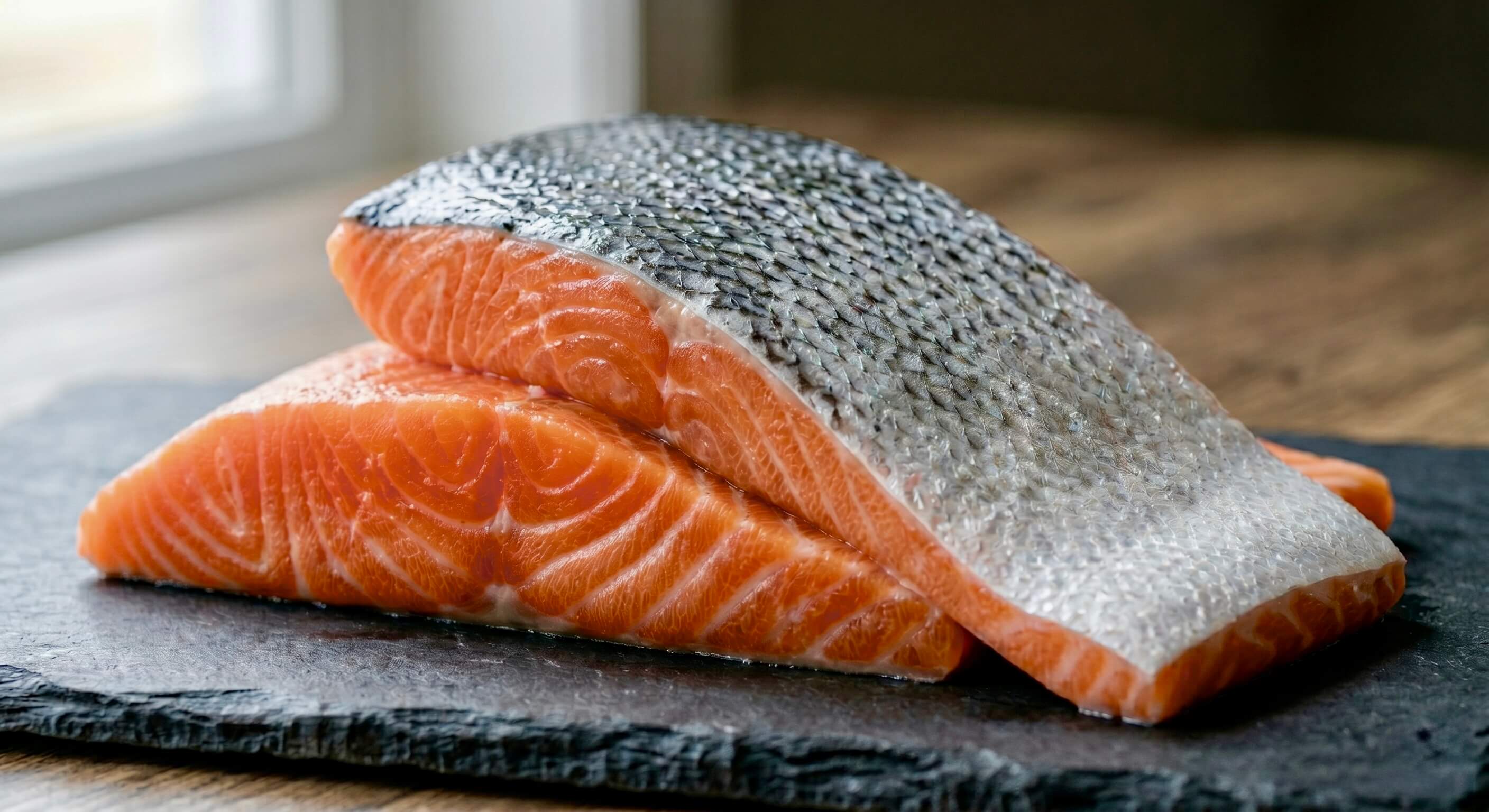 Nahaufnahme von frischen Lachsfilets mit silbrig glänzender Haut auf einer dunklen Schieferplatte mit dem eingeblendeten Text 'Fischöl'. Das Bild visualisiert die natürliche Quelle für diesen wertvollen Inhaltsstoff der Riddys Premium-Nahrungsergänzung für Hund und Katze.