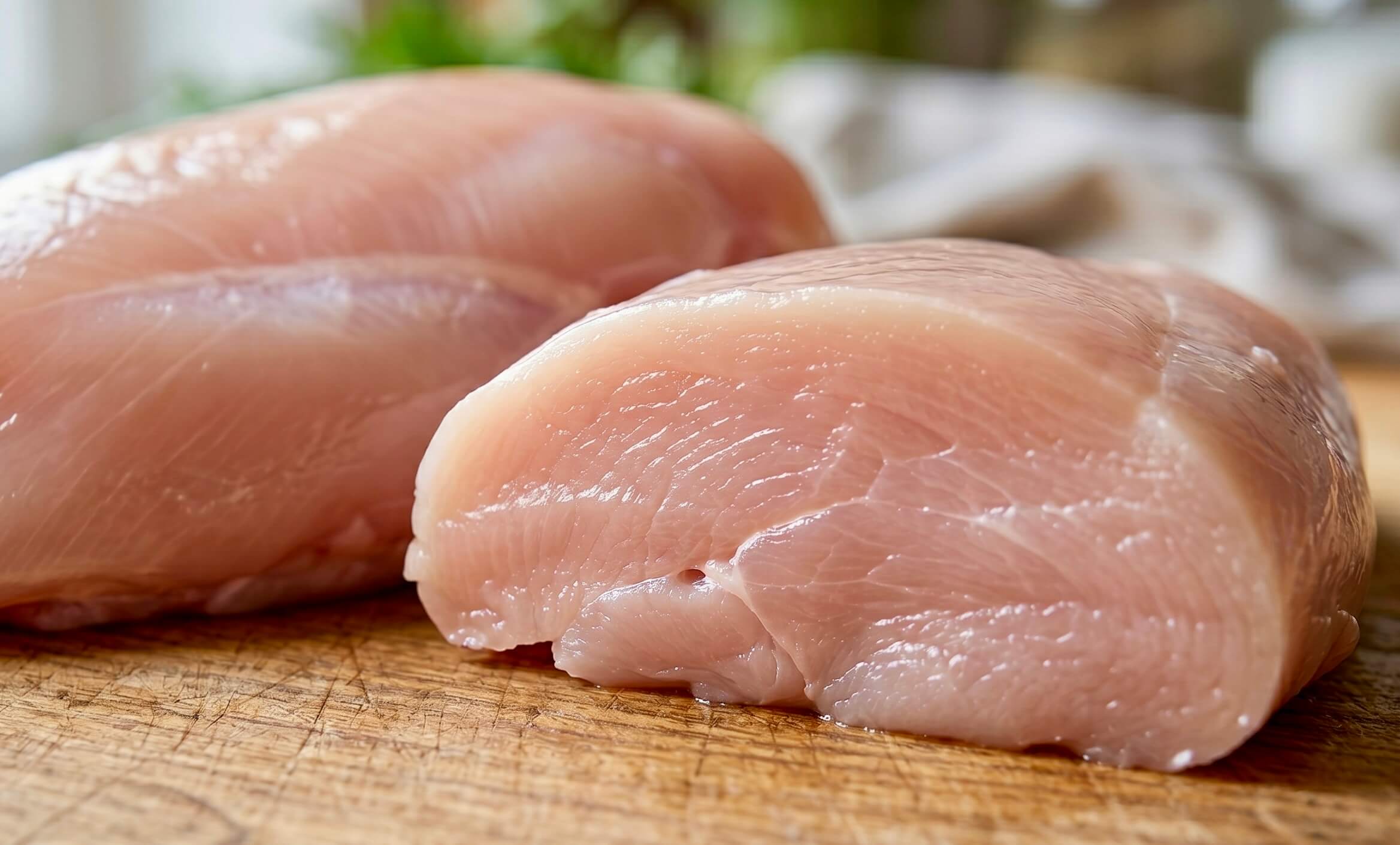 Nahaufnahme von frischem, rohem Hühnerfleisch auf einem Holzbrett mit dem eingeblendeten Text 'Hühnerfleisch'. Das Bild visualisiert die hochwertige tierische Proteinquelle in der Riddys Premium-Nahrungsergänzung für Hund und Katze.