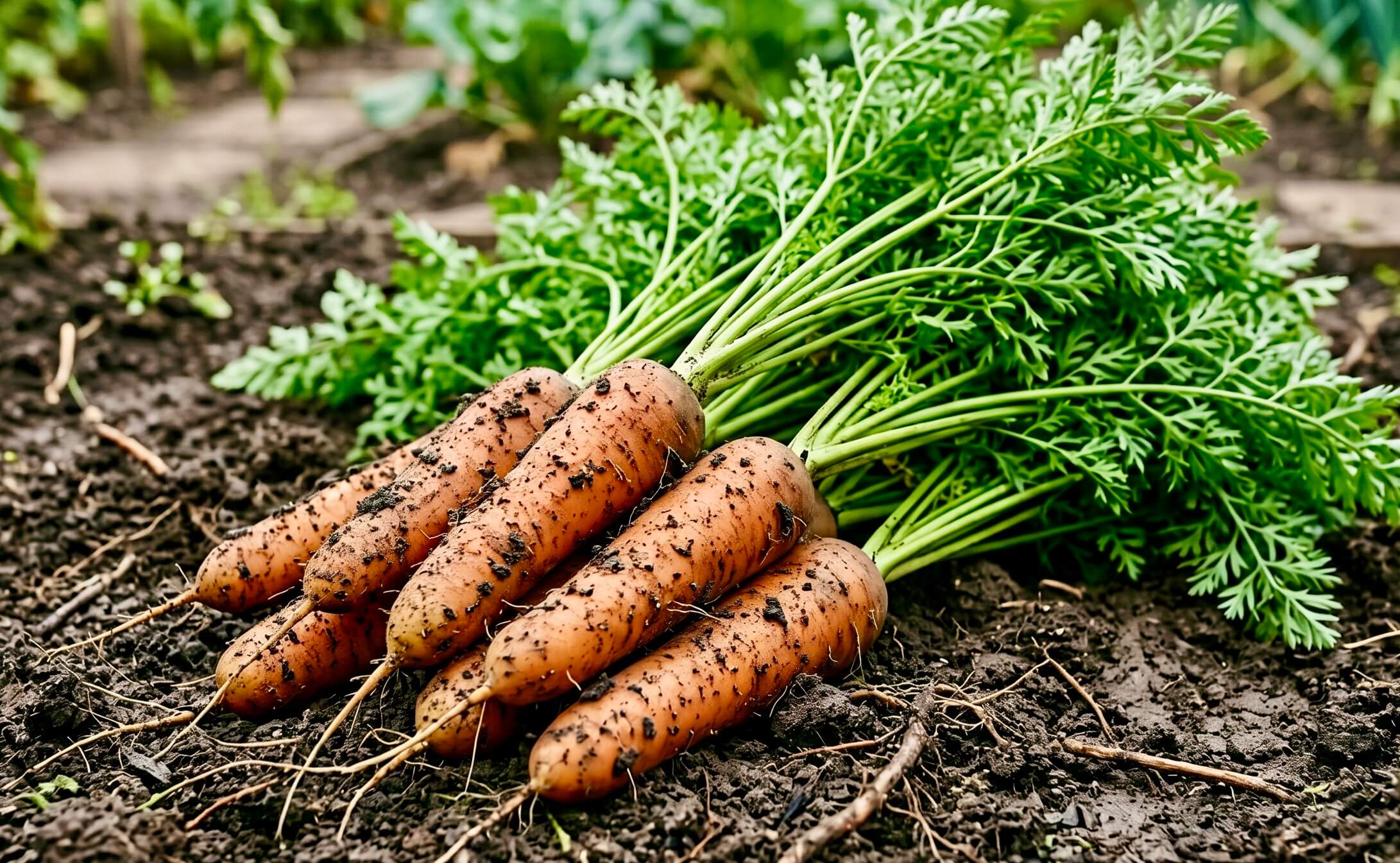 Nahaufnahme von mehreren erntefrischen Karotten mit grünem Kraut, die noch leicht mit Erde bedeckt auf dunklem Boden liegen, mit dem eingeblendeten Text 'Karotte'. Das Bild visualisiert einen der natürlichen Inhaltsstoffe der Riddys Premium-Nahrungsergänzung für Hund und Katze.