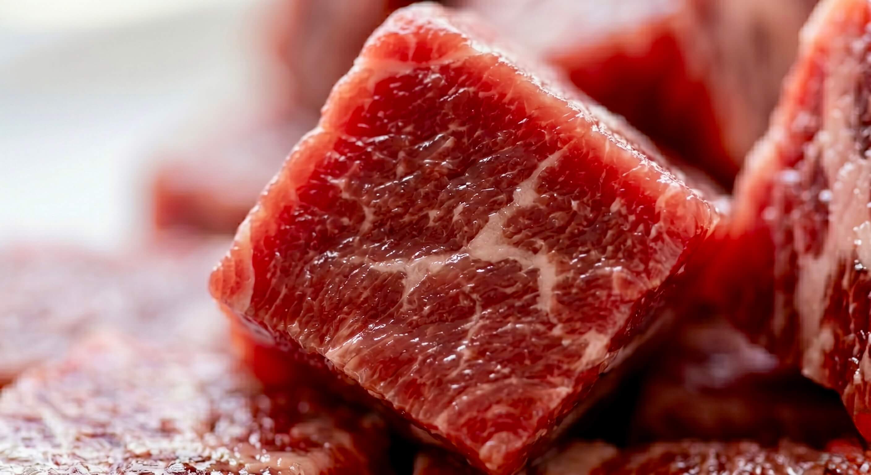 Nahaufnahme eines saftigen, frisch geschnittenen und gut marmorierten Stücks Rindfleisch mit dem eingeblendeten Text 'Rindfleisch'. Das Bild visualisiert die hochwertige tierische Proteinquelle in der Riddys Premium-Nahrungsergänzung für Hund und Katze.