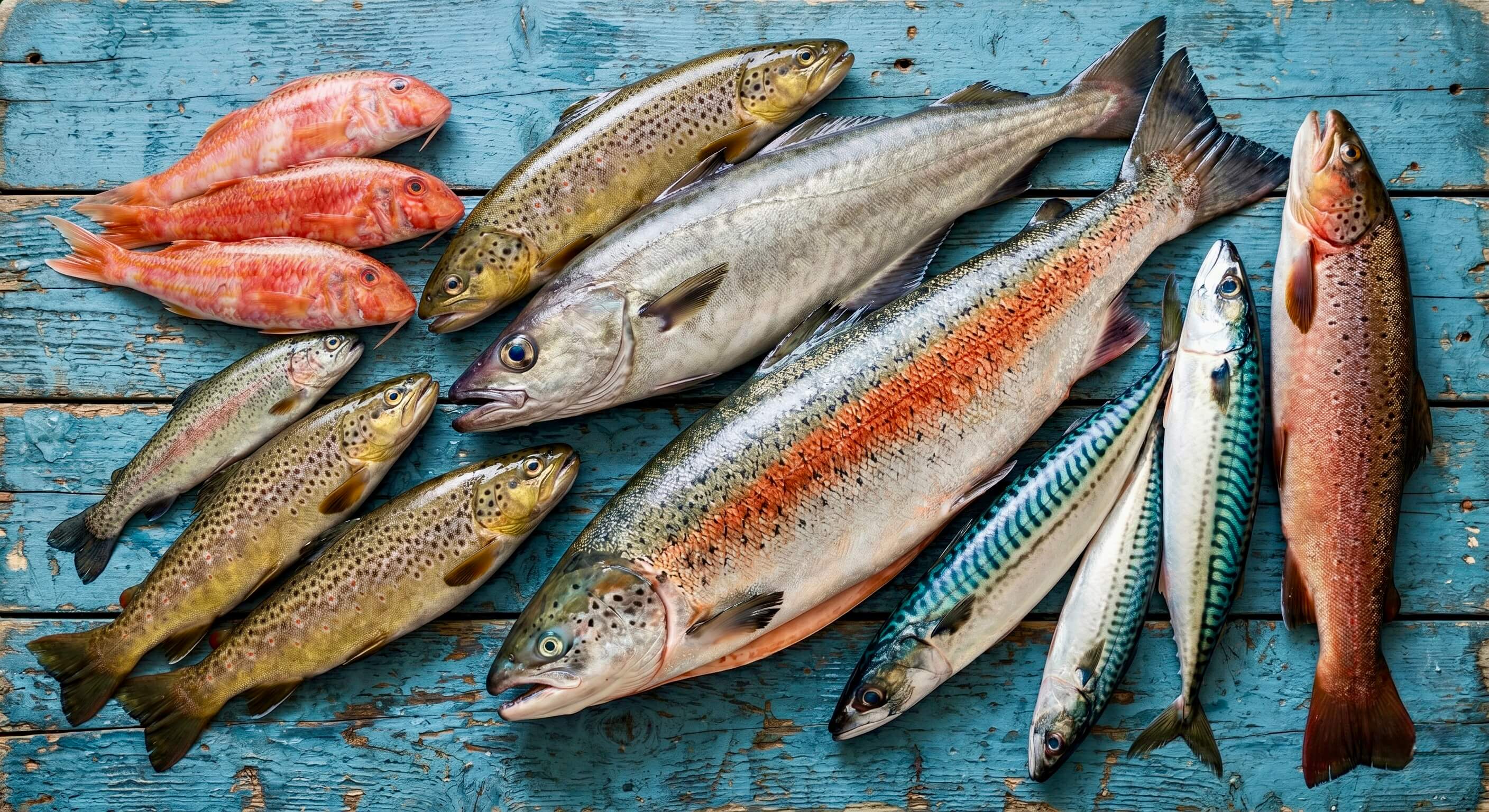Nahaufnahme von verschiedenen frischen Fischen, darunter eine Forelle, auf einem blauen Holzuntergrund mit dem eingeblendeten Text 'Vitamin B12'. Das Bild visualisiert eine natürliche Quelle für diesen Inhaltsstoff der Riddys Premium-Nahrungsergänzung für Hund und Katze.