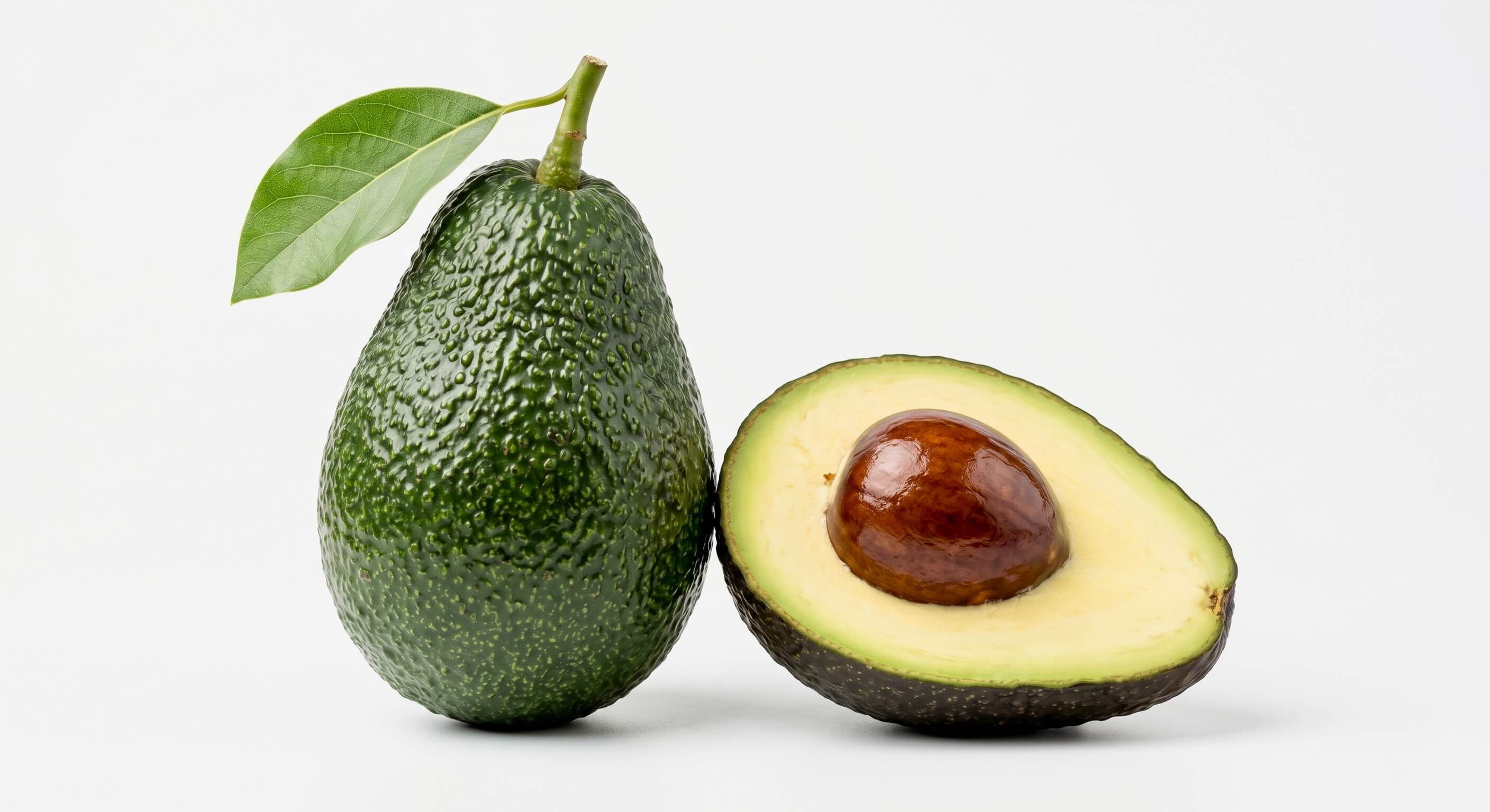 Nahaufnahme einer ganzen und einer halbierten Avocado mit Kern auf weißem Hintergrund und dem eingeblendeten Text 'Vitamin B5'. Das Bild visualisiert eine natürliche Quelle für diesen Inhaltsstoff der Riddys Premium-Nahrungsergänzung für Hund und Katze.
