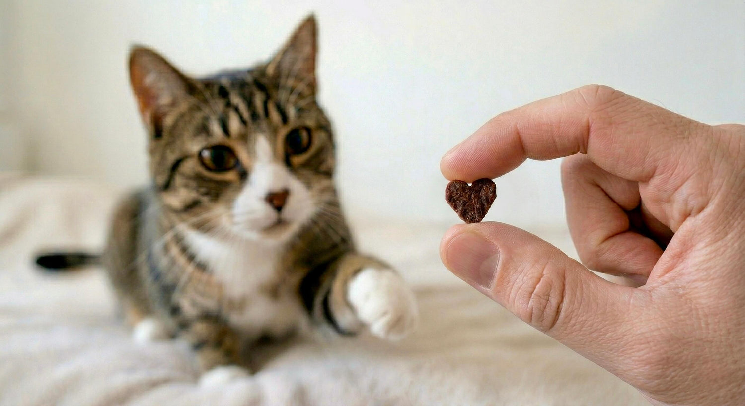 Nahaufnahme einer Hand, die ein herzförmiges Riddys Leckerli hält, während im Hintergrund eine getigerte Katze aufmerksam zusieht. Das Bild verdeutlicht die Belohnungssituation mit der All-in-One Nahrungsergänzung für Katzen.
