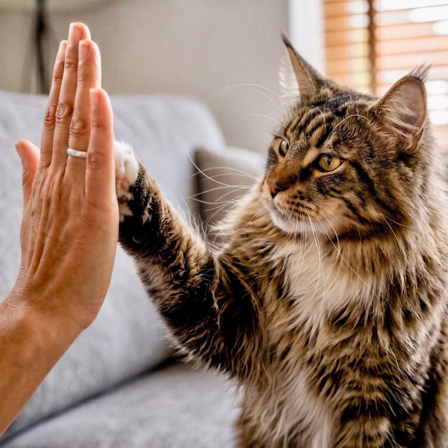 Eine prachtvolle, langhaarige Maine Coon Katze gibt einer erhobenen menschlichen Hand die Pfote (High-Five). Das Lifestyle-Bild symbolisiert die enge Bindung und die spielerische Vitalität von Katzen, die durch Riddys Nahrungsergänzung unterstützt wird.