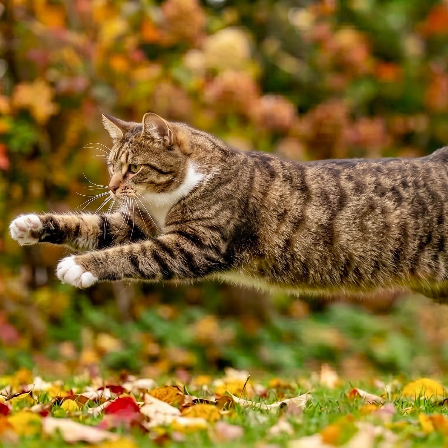 Eine getigerte Katze springt in einer dynamischen, horizontalen Bewegung voller Energie über eine Wiese mit bunten Herbstblättern. Das Bild symbolisiert die Agilität und Vitalität von Katzen durch die Riddys All-in-One Nahrungsergänzung.