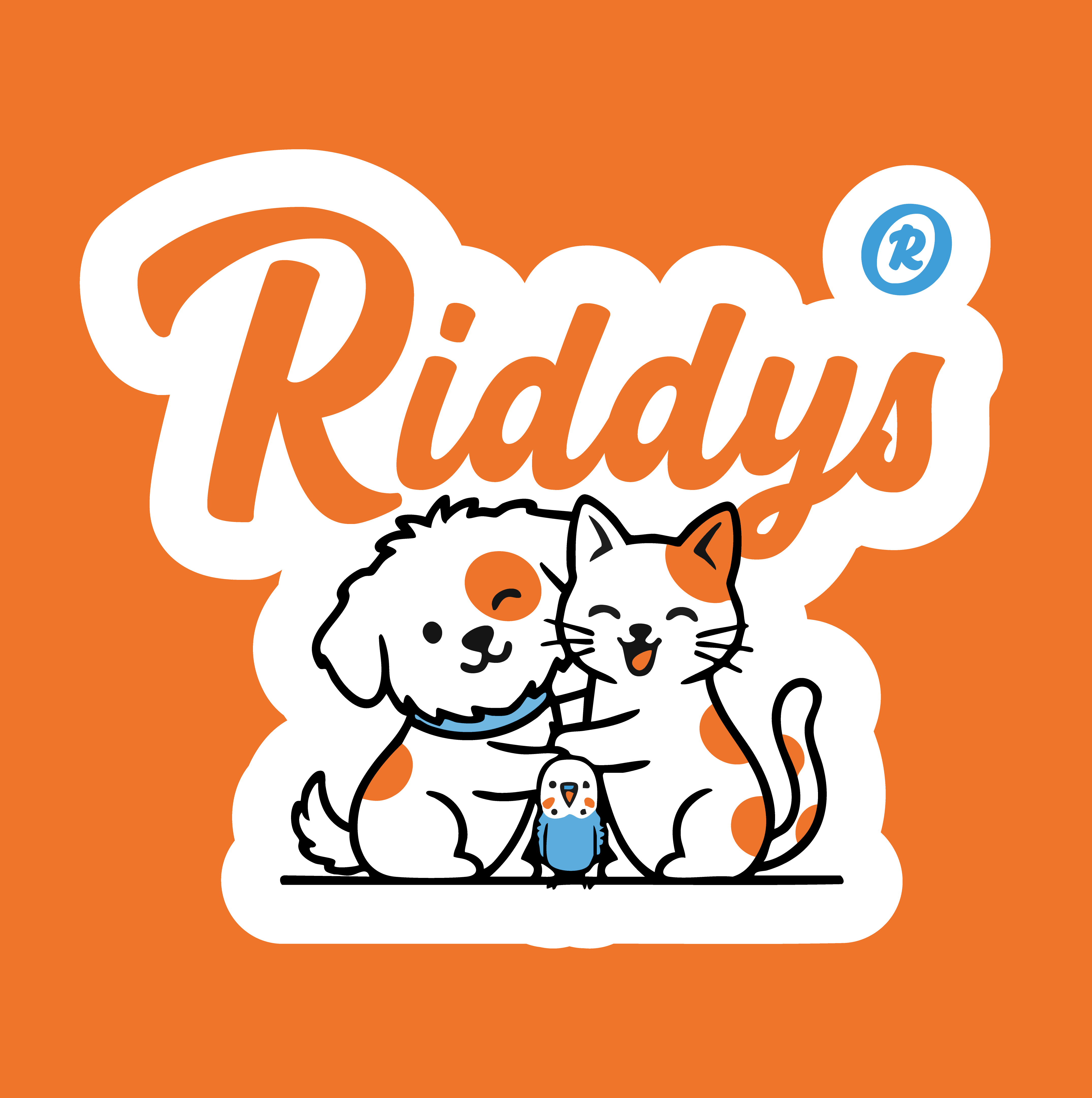 Das Riddys Markenlogo als Sticker-Entwurf für Haustierbedarf. Oben steht der kursive, orangefarbene Schriftzug 'Riddys' mit einem kleinen blauen Registrierungssymbol (®). Darunter umarmen sich ein fröhlicher Cartoon-Hund, eine glückliche Katze und ein kleiner blauer Vogel, alle mit orangefarbenen Flecken, auf weißem Aufkleberuntergrund mit grauem Rand vor einem flachen orangefarbenen Hintergrund.