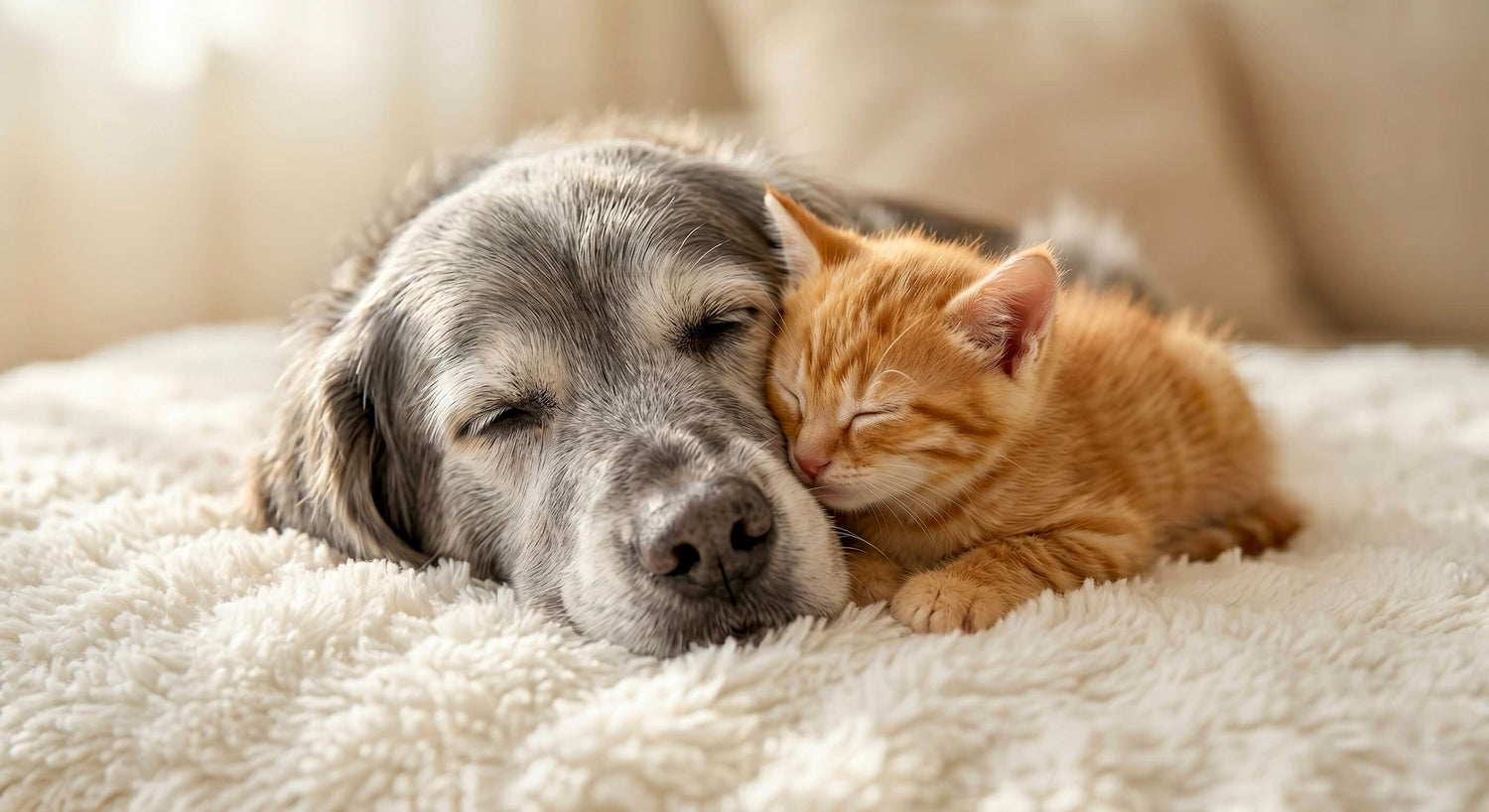 Ein älterer grau-weißer Hund und ein kleines orangefarbenes Kätzchen schlafen friedlich und eng aneinandergekuschelt auf einer flauschigen weißen Decke. Das Bild steht für ein langes, glückliches Leben durch die Riddys Multivitamin-Nahrungsergänzung für Hund und Katze.