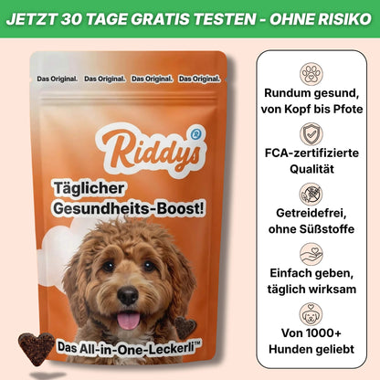 Produktgrafik für Riddys Hunde-Ergänzungsfuttermittel mit dem Premium Multivitamin-Leckerli sowie dem Schriftzug„Täglicher Gesundheits-Boost!“ in einer orangefarbenen Packung mit einem wuscheligen Hund, herzförmigen Leckerlis und den wichtigsten Produktvorteilen wie getreidefrei und FCA-zertifiziert.