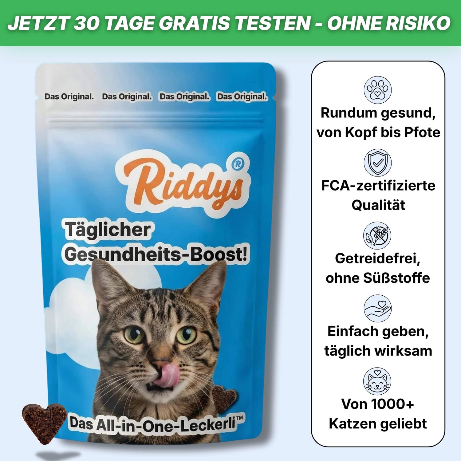 Produktgrafik für Riddys Katzen-Ergänzungsfuttermittel mit dem Premium Multivitamin-Leckerli sowie dem Schriftzug„Täglicher Gesundheits-Boost!“ in einer orangefarbenen Packung mit einem getigerten Katze, herzförmigen Leckerlis und den wichtigsten Produktvorteilen wie getreidefrei und FCA-zertifiziert.