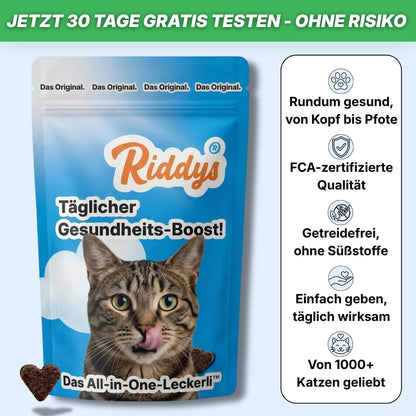 Produktgrafik für Riddys Katzen-Ergänzungsfuttermittel mit dem Premium Multivitamin-Leckerli sowie dem Schriftzug„Täglicher Gesundheits-Boost!“ in einer orangefarbenen Packung mit einem getigerten Katze, herzförmigen Leckerlis und den wichtigsten Produktvorteilen wie getreidefrei und FCA-zertifiziert.