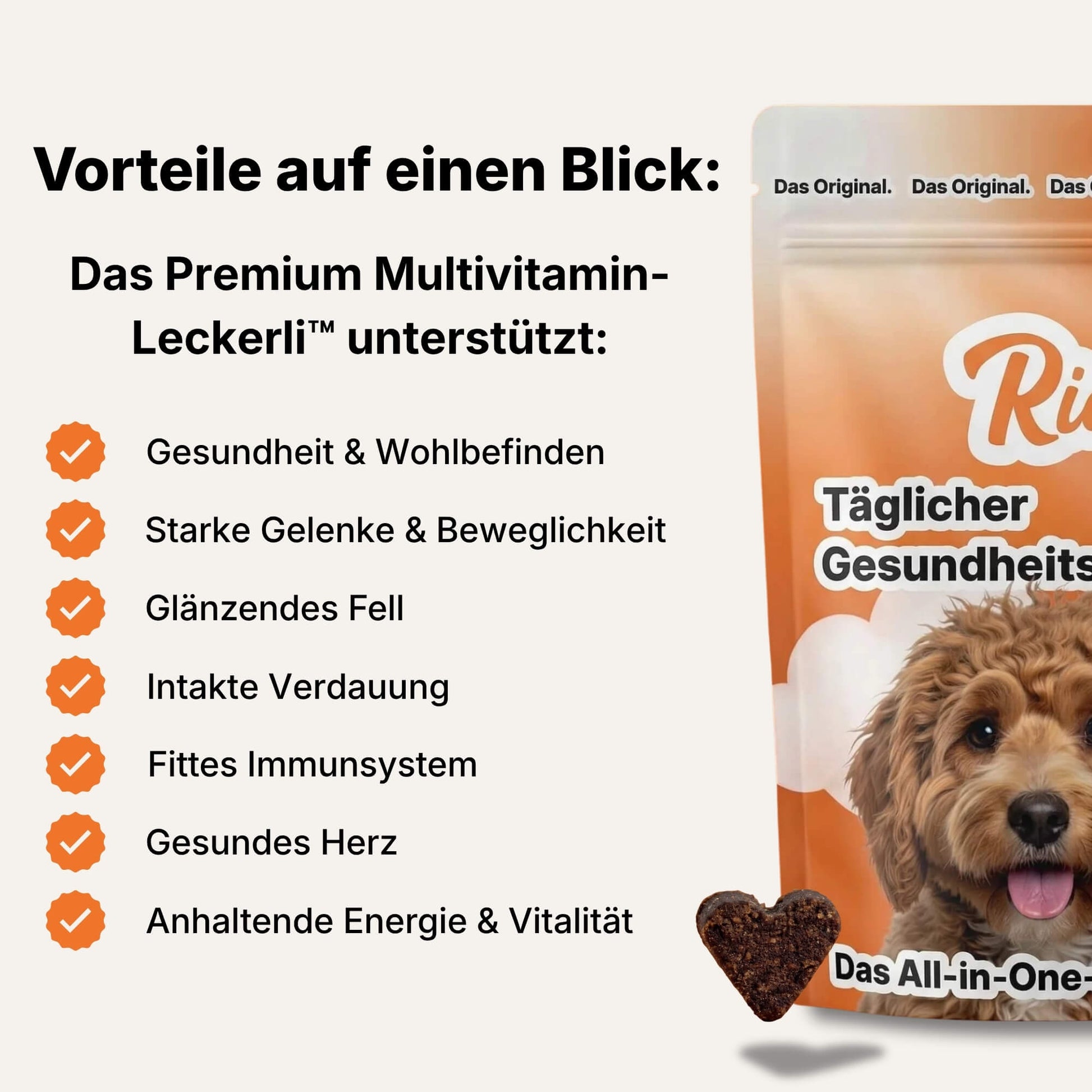 Das Bild listet unter der Überschrift "Vorteile auf einen Blick:" die positiven Effekte des Premium Multivitamin-Leckerlis von Riddys auf. Dazu gehören Gesundheit & Wohlbefinden, starke Gelenke & Beweglichkeit, glänzendes Fell, intakte Verdauung, fittes Immunsystem, gesundes Herz sowie anhaltende Energie & Vitalität. Rechts ist die Verpackung mit einem Hund und einem einzelnen, herzförmigen Leckerli davor zu sehen.