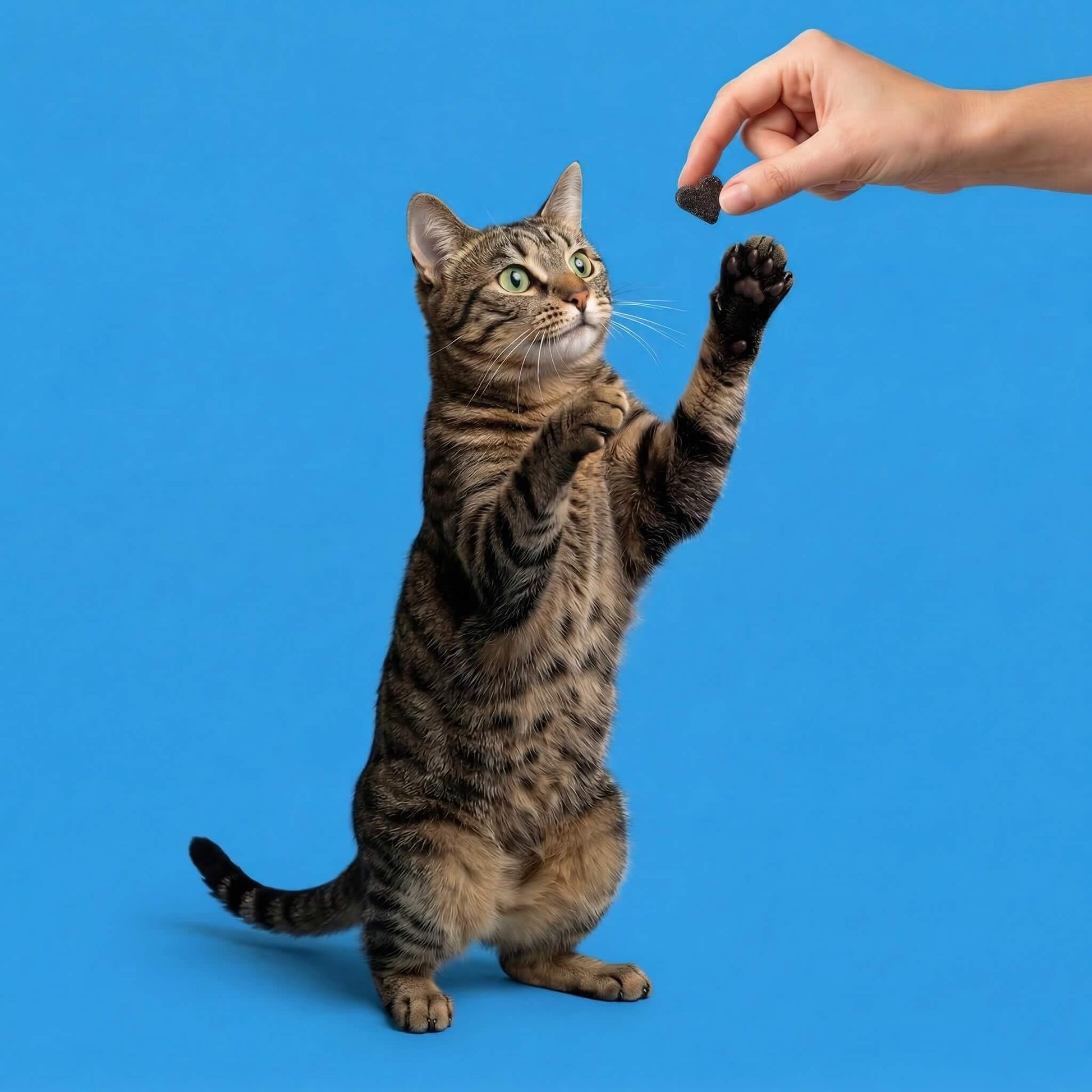 Eine niedliche, getigerte Katze sitzt erwartungsvoll vor einem blaufarbenen Hintergrund und blickt zu einer Hand auf, die ein herzförmiges, dunkles Riddys Multivitamin-Leckerli als Belohnung hält.