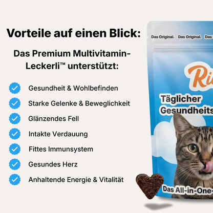 Das Bild listet unter der Überschrift "Vorteile auf einen Blick:" die positiven Effekte des Premium Multivitamin-Leckerlis von Riddys auf. Dazu gehören Gesundheit & Wohlbefinden, starke Gelenke & Beweglichkeit, glänzendes Fell, intakte Verdauung, fittes Immunsystem, gesundes Herz sowie anhaltende Energie & Vitalität. Rechts ist die Verpackung mit einer Katze und einem einzelnen, herzförmigen Leckerli davor zu sehen.