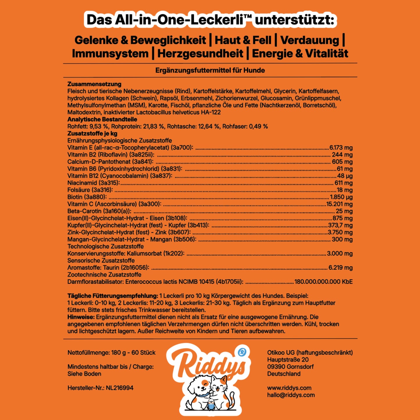 Riddys Verpackung von der Rückseite, dort sind Inhaltsstoffe, Vorteile, Inverkehrbringer und weiteres zu sehen.