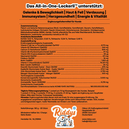 Riddys Verpackung von der Rückseite, dort sind Inhaltsstoffe, Vorteile, Inverkehrbringer und weiteres zu sehen.