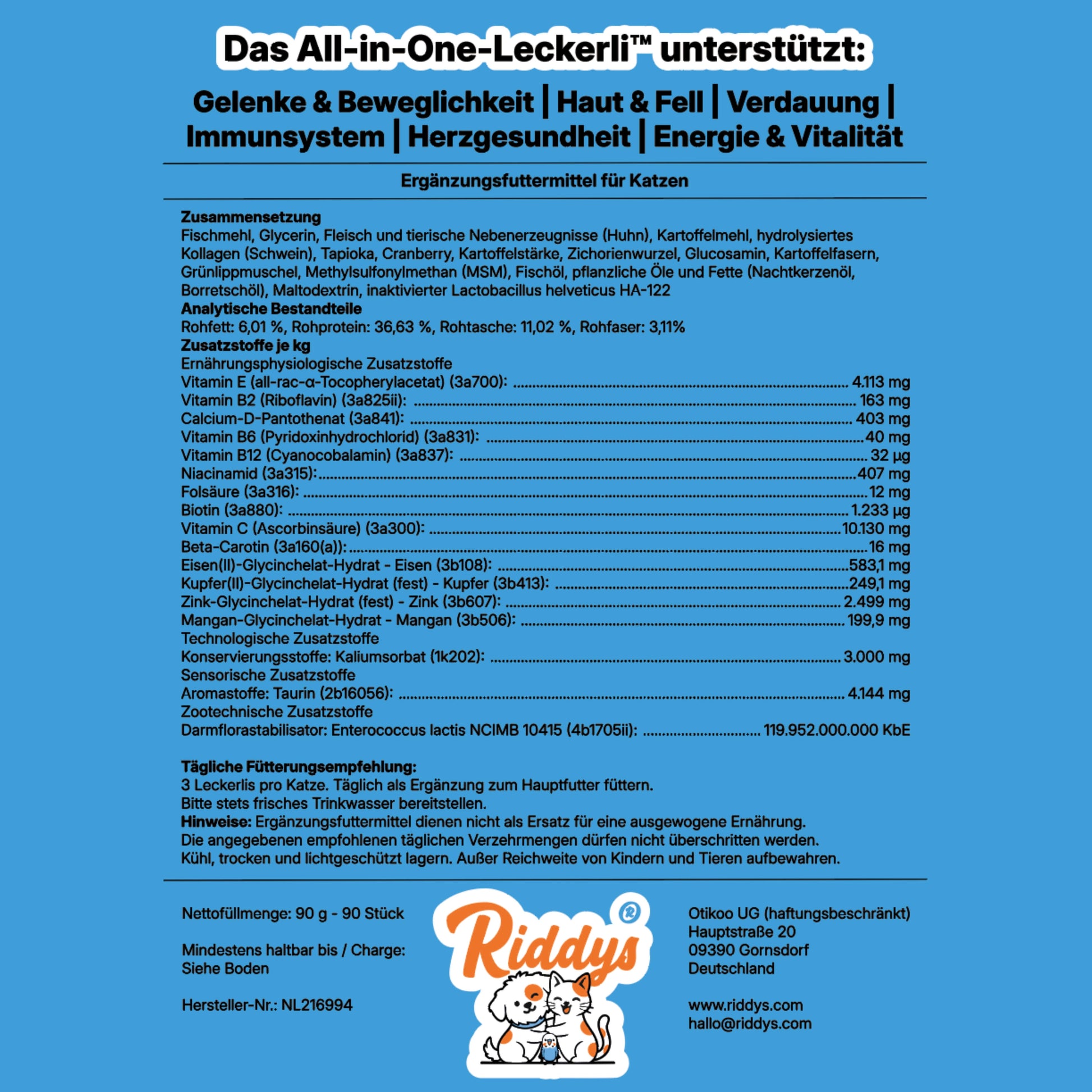 Riddys Verpackung von der Rückseite, dort sind Inhaltsstoffe, Vorteile, Inverkehrbringer und weiteres zu sehen.