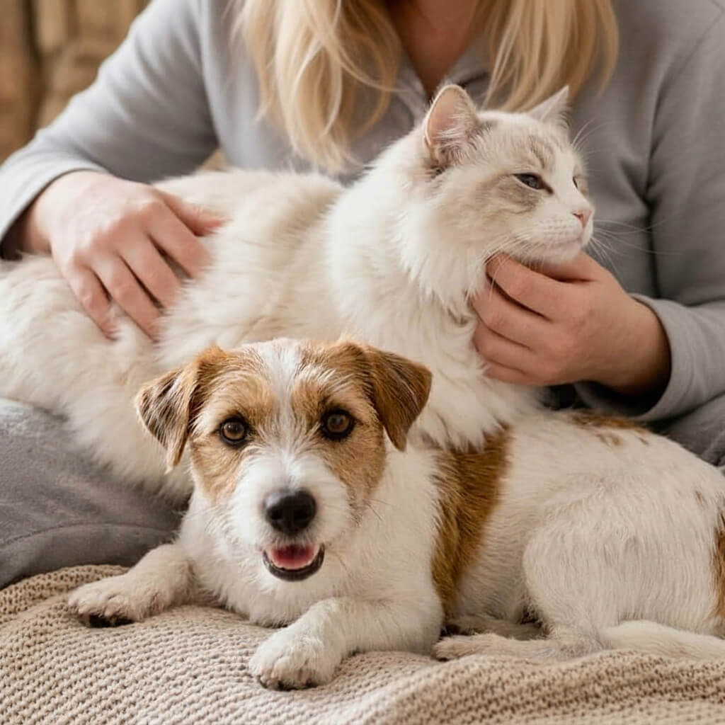 Eine Besitzerin im gemütlichen Pullover streichelt sanft ihre weiße Katze, während im Vordergrund ein fröhlicher Jack Russell Terrier auf einer Decke liegt. Das harmonische Bild steht für die tägliche Gesundheit von Hund und Katze durch die Riddys Nahrungsergänzung.