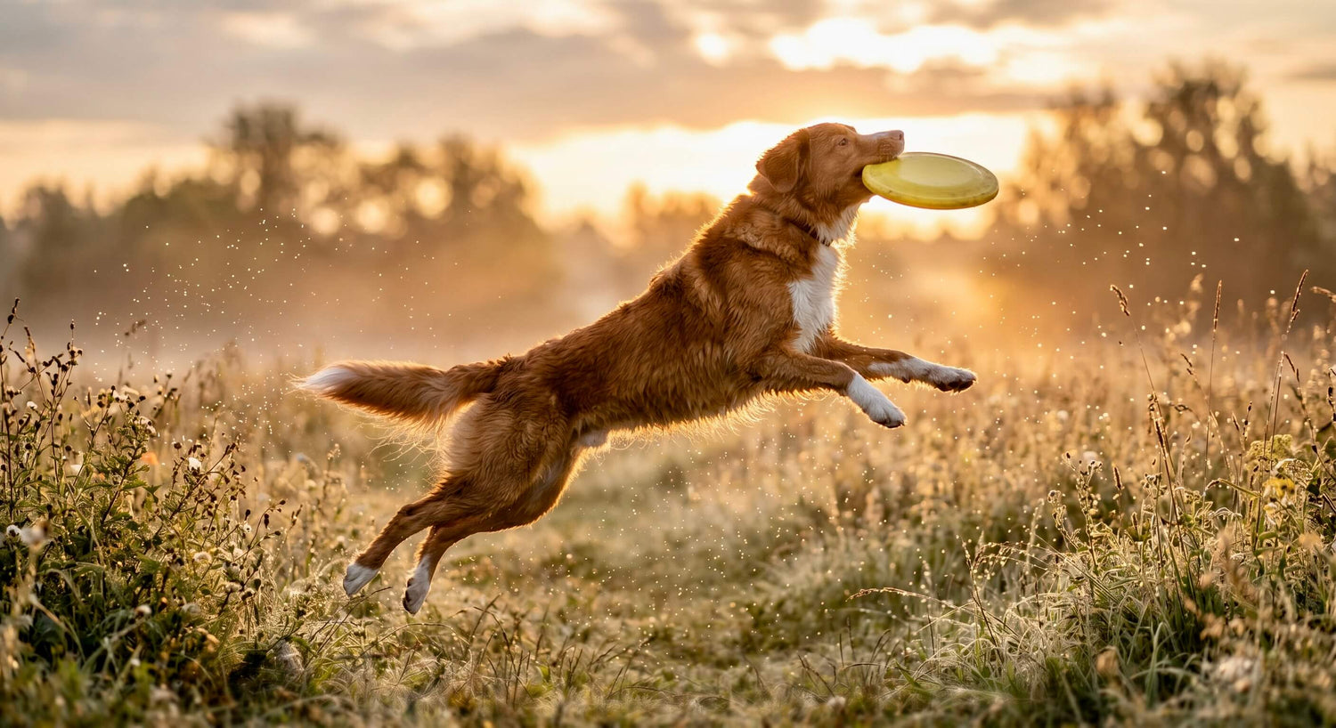 Ein agiler, brauner Hund springt im warmen Gegenlicht über eine Wiese und fängt schwungvoll einen gelben Frisbee in der Luft. Das Bild steht für pure Vitalität und spürbare Gesundheit durch die tägliche Riddys-Routine.