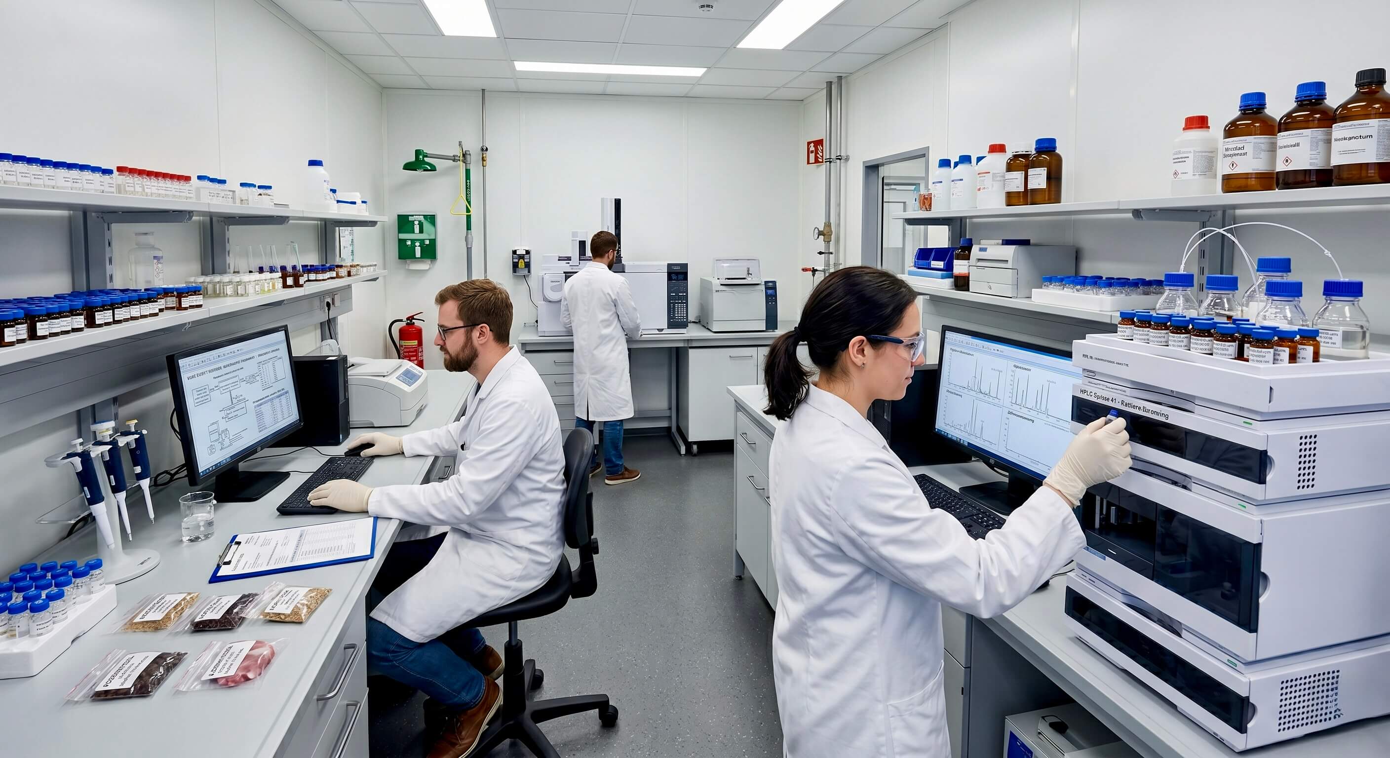 Drei Wissenschaftler in weißen Laborkitteln arbeiten in einem hochmodernen Labor an Computern und Analysegeräten. Das Bild enthält den zentralen Text: 'Tägliche Gesundheit, die auf Wissenschaft basiert. Die fundierte All-in-One Futterergänzung für Hund & Katze.´